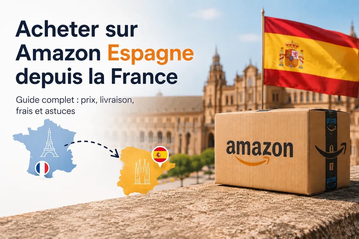 Colis Amazon devant la Plaza de España à Séville, drapeau espagnol et carte reliant la France à l'Espagne