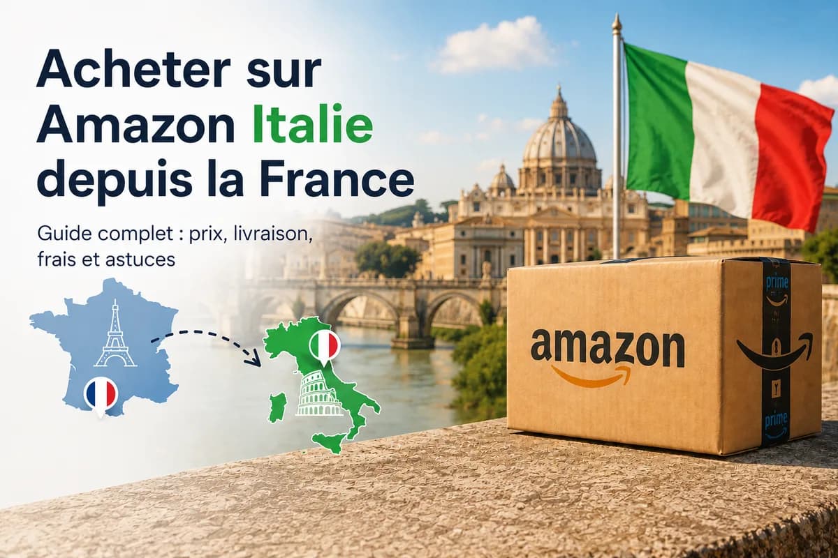 Colis Amazon devant la basilique Saint-Pierre à Rome, drapeau italien et carte reliant la France à l'Italie