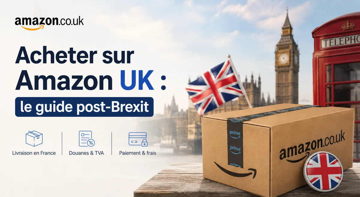 Colis Amazon.co.uk devant Big Ben et une cabine téléphonique londonienne, avec les mentions livraison, douanes et TVA