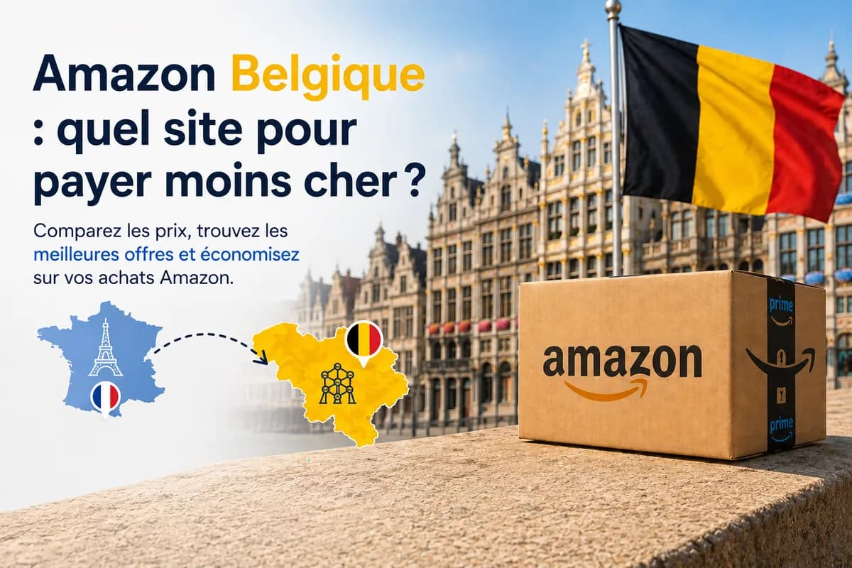 Colis Amazon devant la Grand-Place de Bruxelles, drapeau belge et carte de la Belgique avec l'Atomium