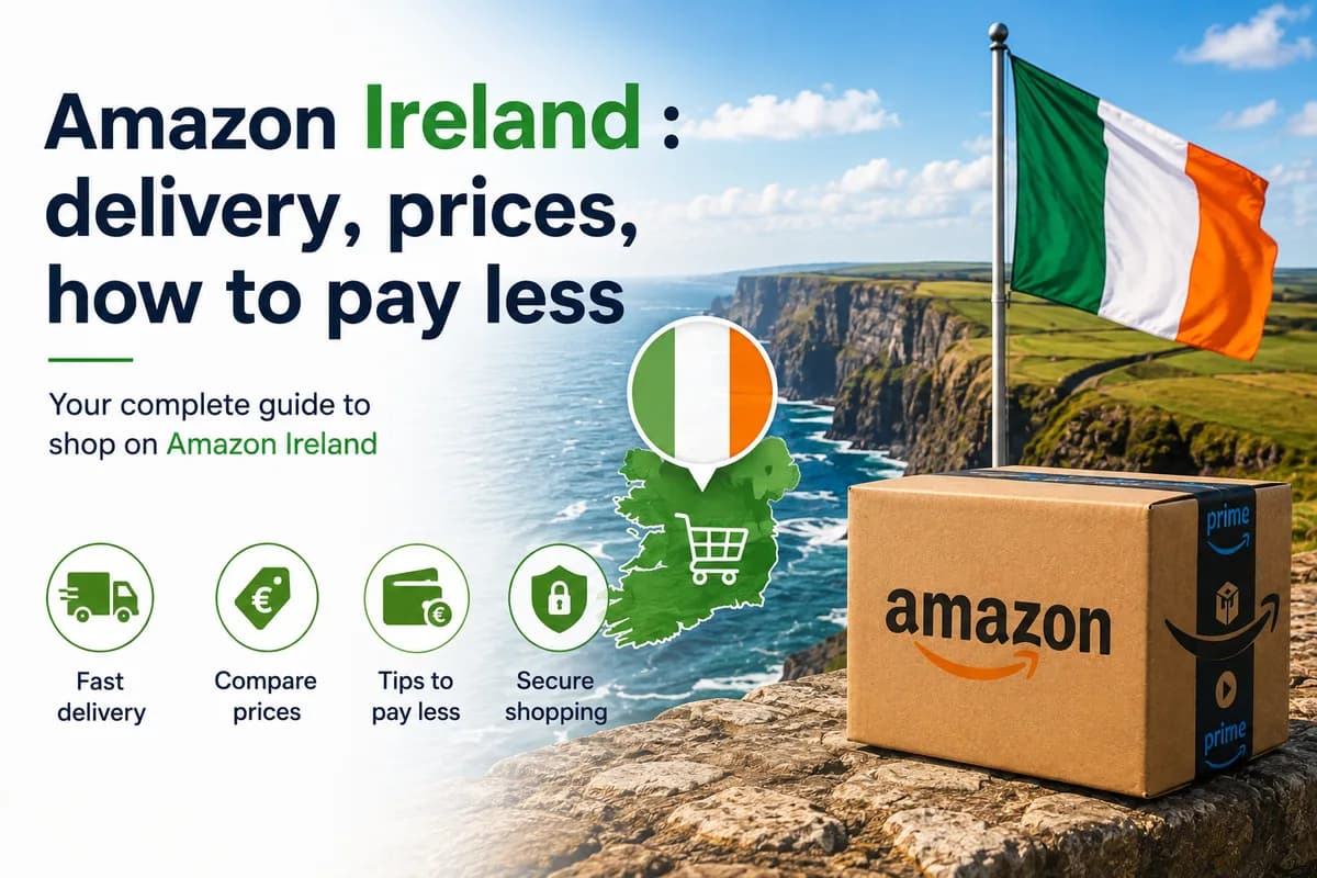 Amazon parcel on the Cliffs of Moher with the Irish flag and icons for fast delivery, price comparison and secure shopping