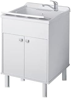 Negrari Lavabo Lavabo en résine, résistant aux acides d'usage courant, résistant à l'humidité, kit d'échappement inclus, intérieur et extérieur, L60 x P50 x H85 cm, blanc - 1