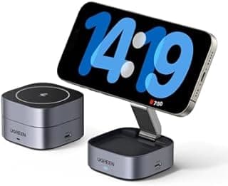 UGREEN MagFlow Chargeur Induction iPhone 2 en 1 Qi Compatible avec MagSafe iPhone 17 16 15 14 13 12 Air Plus Pro Max AirPods 4 3 Pro 3 2 1 Chargeur sans Fil Magnétique Rapide Pliable Angle Réglable