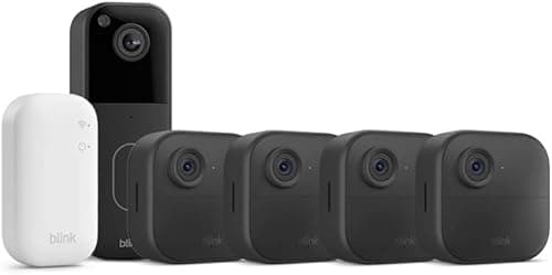 Nouvelle caméra Blink (Outdoor 4) + sonnette vidéo supplémentaire Blink (noir) : caméra de surveillance connectée HD sans fil, 2 ans d'autonomie (système 4 caméra avec Sync Module Core)