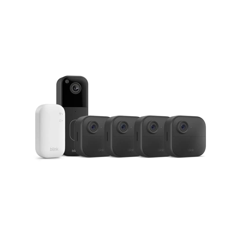 Nouvelle caméra Blink (Outdoor 4) + sonnette vidéo supplémentaire Blink (noir) : caméra de surveillance connectée HD sans fil, 2 ans d'autonomie (système 4 caméra avec Sync Module Core) - 1