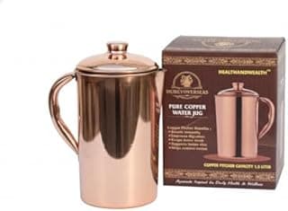 HEALTHANDWEALTH® Pichet en cuivre pur pour les bienfaits ayurvédiques de 1,5 litre fabriqué à la main en cuivre avec couvercle assorti | pour servir plus d'eau en famille - 1