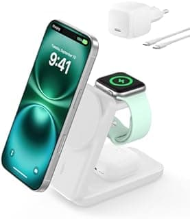 Belkin Magnetic Wireless Charger, 3 in 1 Qi2 Charger 25W, Adjustable MagSafe Compatible Charging Pad for iPhone 16, Apple Watch, AirPods, Portable Phone Holder with 45W Adapter - White - 1