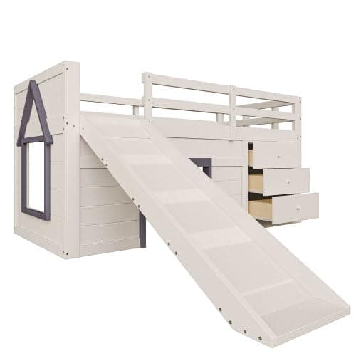 Merax Lit superposé pour enfant avec toboggan, 3 tiroirs et 2 portes, lit pour chambre d'enfant, lit en bois de pin et MDF, 90 x 200 cm, Crème - 7