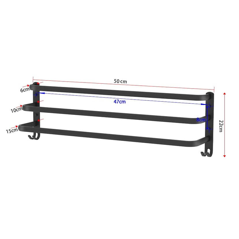 HONPHIER Towel Rails Wall Mounted 3 Tier Towel Rack With Hooks Space Aluminum Towel Rack Bathroom Towel Holder No Fading Towel Shelves For Kitchen Bathroom Toilet Hotel Office (Black, 50CM) - 2