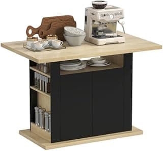 HOMCOM Central Island Dining Table Kitchen Storage Table with Large Work Top for 4-6 People - Cupboard with 4 Doors and Shelves - Wood - Dimensions: 110 L x 70 W x 75.5 H cm Black and Natural
