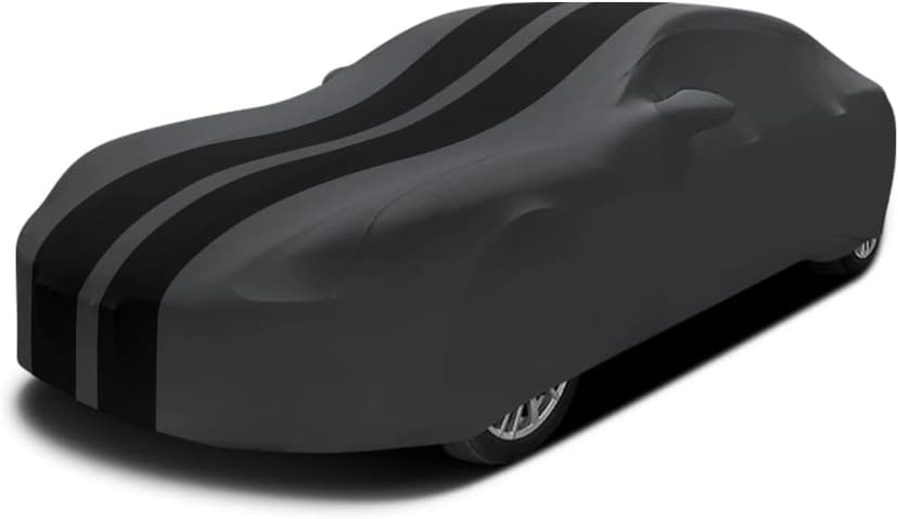 Indoor Saloon/Sedan Car Cover with Side Mirror Hood Full Protection, Soft Velvet Elastic Anti-wrinkle Fabric, for Garage,Car Show/Exhibition, Length 4.9-5.25M, Black Striped+Grey - 1