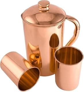 Carafe 100 % cuivre pur 1500 ml avec 2 gobelets | Pichet à eau potable uni avec verres | Ensemble pichet en cuivre avec couvercle et tasses | Bouteille d'eau avec poignée | Avantages pour la santé