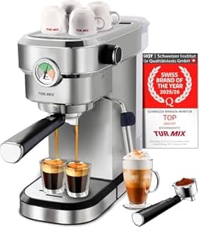 Turmix TX 590 espresso machine – stainless steel portafilter machine, 20 bar coffee machine with milk frother, 17 cm wide, 1350W, 1.1L water tank, heated cup tray