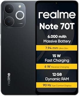 realme Note 70T Mobile Phones, Smartphone 4+256GB, Capacious 6000mAh Battery, 15W Fast Charging with Reverse Charging Technology 6W, 24GB Dynamic RAM, Eye-Friendly Display 90Hz, Black