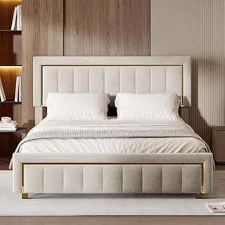 Storage Bed 160 x 200 cm with Quilted Headboard, Double Beds with Hydraulic and Slatted Base, White Velvet Frame with Gold Edges, for Teens and Adults, Beige - 1
