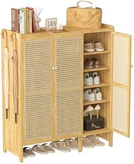unho Meuble Chaussure d’Entrée en Bambou: Rangement Chaussure avec 5 Étagères Armoire à Chaussures avec 4 Crochets Design - 90.5 × 35 × 107 cm