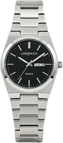 celegance Men's Watch Stainless Steel, Quartz, Water Resistant, Luminous Hands, Luxurious Style, Comfortable Round Case, 40mm Square Dial, Includes Strap Adjustment Kit, Black/White, Modern & Sporty