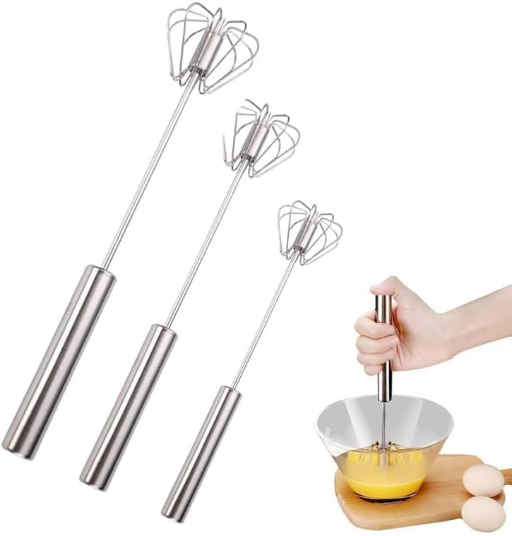 Handheld Mixer, Stainless Steel Semi-Automatic Whisk, Rotating Semi-Automatic Egg Beater, Hand Push Mixer Stirrer Tool for Cooking Kitchen Home Egg Milk (3 Pack) - 1