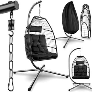tectake® Luxurious Egg Chair with Stand, Thick Cushions, Polyrattan Weave, Rotatable & Height-Adjustable, Steel Frame, Incl. Protective Cover - Ideal Hammock Chair for Garden, Patio & Balcony - Black