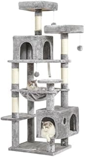 MSmask Grand arbre à chat L stable avec 2 plateformes, 2 grottes pour chat, hamac, colonnes en sisal, arbre à escalade à plusieurs étages pour chats (gris clair, 160 cm)