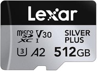 Lexar Silver Plus Micro SD Card 512 GB, Up to 205 MB/s Read Speed, 150 MB/s Write Speed, Memory Card Micro SD with SD Adapter, UHS-I, A2, U3, V30, Class 10, 4K UHD microSDXC