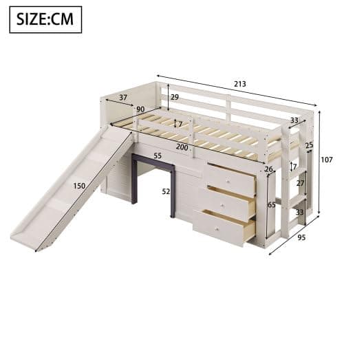 Merax Lit superposé pour enfant avec toboggan, 3 tiroirs et 2 portes, lit pour chambre d'enfant, lit en bois de pin et MDF, 90 x 200 cm, Crème - 2