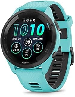 Garmin Forerunner 265 with Music, 46mm GPS running smartwatch, AMOLED touchscreen, advanced training & insights, training & HRV status, safety & tracking features, up to 13 days battery life, Aqua