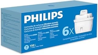 Philips Water Cartouches filtrantes de rechange Filtration avancée, paquet de 6, réduisent les MICROPLASTIQUES, le CHLORE, le CALCAIRE, les MÉTAUX LOURDS, Compatible avec Brita*