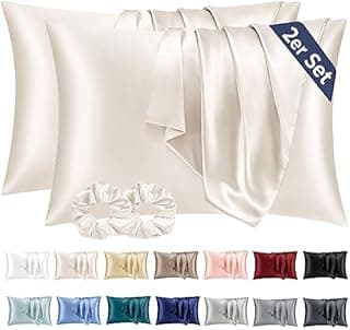 Vielit 2 Pack Satin Pillowcase for Hair and Skin,Soft as Silk Pillowcases for Hair and Skin,Easier Care than Silk Pillow Case Beige Pillowcases for 50x70cm Pillow Envelope & 2 Scrunchies - 1
