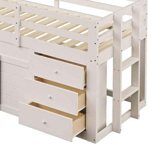 Merax Lit superposé pour enfant avec toboggan, 3 tiroirs et 2 portes, lit pour chambre d'enfant, lit en bois de pin et MDF, 90 x 200 cm, Crème - 6