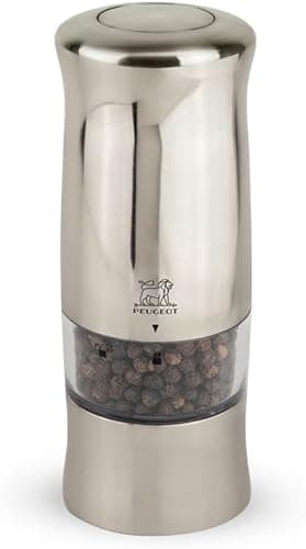 PEUGEOT - Moulin à Poivre Électrique Zeli 14 cm - Avec Eclairage - Poivre Noir Inclus - 6 Piles + Ampoule De Rechange Inclus - Coloris Inox, Abs Chromé Mat