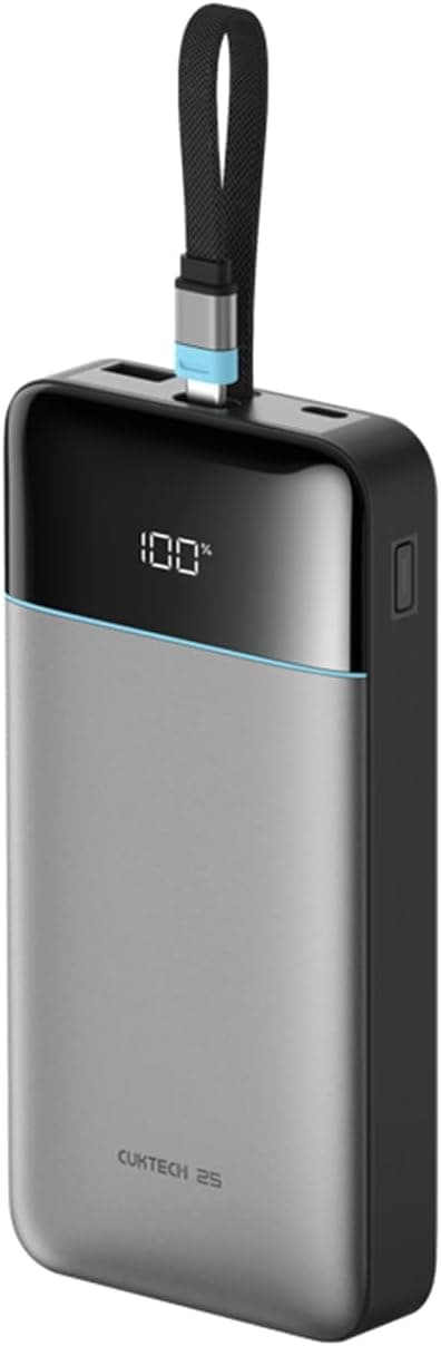 CUKTECH 25000mAh 100W Batterie Externe avec Câbles USB-C Intégrés et Écran LED, Power Bank Charge Rapide PD 3.0 & PPS, 3 Ports Batterie Portable pour MacBook, iPad, iPhone 17/16/15, Samsung, Xiaomi 17 - 1