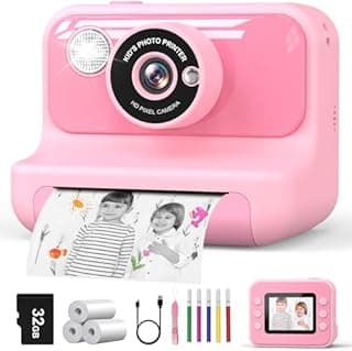 Hangrui Appareil Photo Instantané Enfant, 2.4" Écran avec Carte 32G & Papier Photo, HD 1080P Vidéo Caméra, Cadeau Noël Anniversaire pour Filles Garçons 3-10 Ans (Rose) - 1