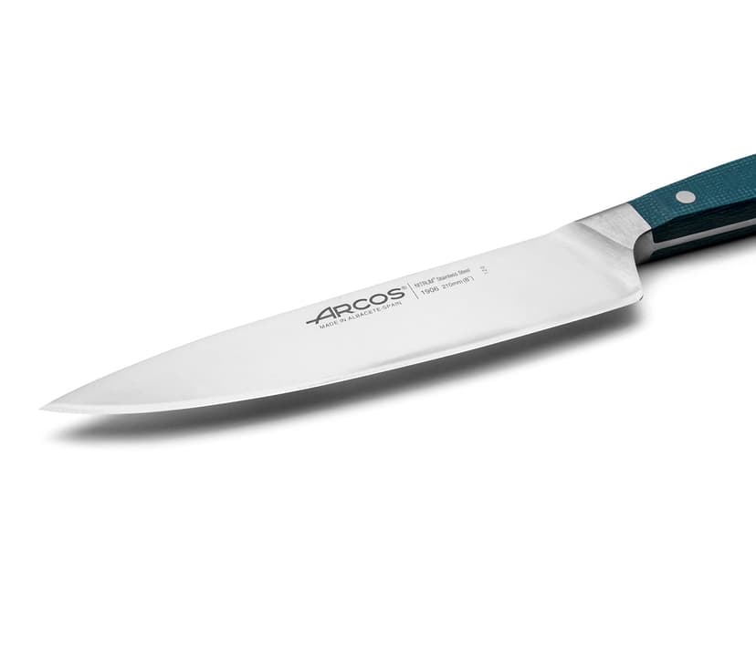 Arcos Couteau de Chef Forgé en Acier Taille 8 Pouces, Manche Micarta Professionnel & Bord en Soie Spécial et lame Argentée de 210 Mm, Impressionnez àChaque Coupe, Série Brooklyn, Couleur Bleue, - 3