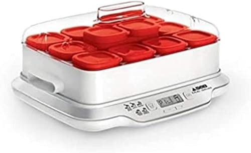 Seb Family Multidélices Yogurt Maker with 12 Cups, White and Metallic 12 Bottles - Red White and Red
