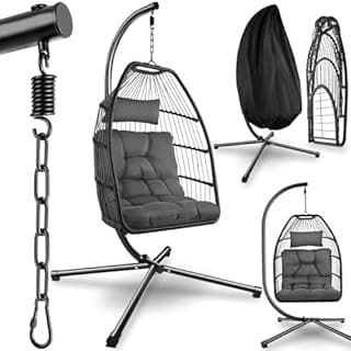 tectake® Luxurious Egg Chair with Stand, Thick Cushions, Polyrattan Weave, Rotatable & Height-Adjustable, Steel Frame, Incl. Protective Cover - Ideal Hammock Chair for Garden, Patio & Balcony - Grey - 1