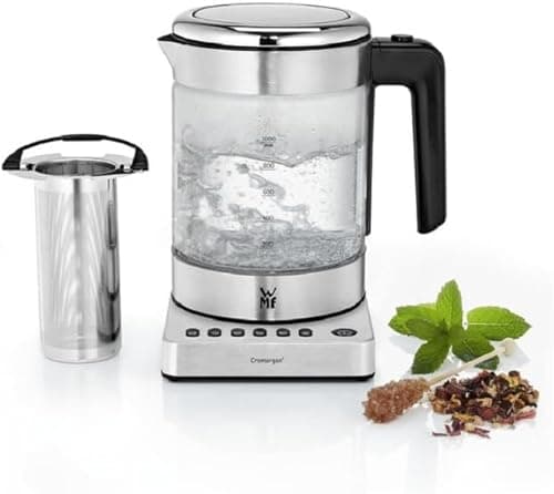 WMF KITCHENminis Bouilloire théière électrique en verre, 1 L, 1900 W, 5 niveaux de température, Maintien au chaud, Sans Fil, Qualité Schott Duran, Filtre thé intégré, Design Inox & Compact 0413180012