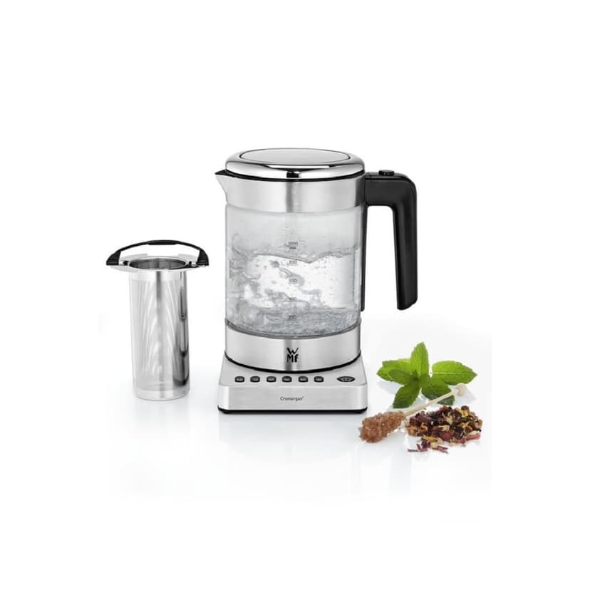 WMF KITCHENminis Bouilloire théière électrique en verre, 1 L, 1900 W, 5 niveaux de température, Maintien au chaud, Sans Fil, Qualité Schott Duran, Filtre thé intégré, Design Inox & Compact 0413180012 - 1