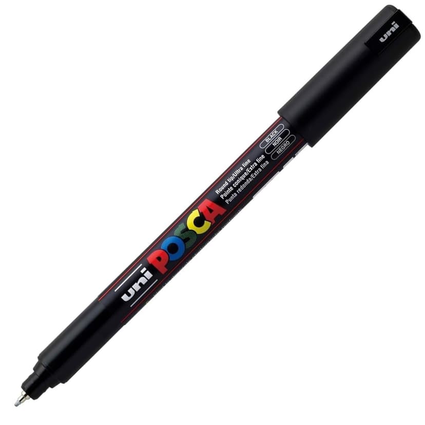 POSCA - Uni Mitsubishi Pencil - 3 x Black PC1MR Extra Fine Tip Markers Calibrated 0.7mm - Water-Based Paint Marker - All Purpose - For Paper, Textile, Glass, Pebble, etc. - 7