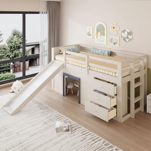 Merax Lit superposé pour enfant avec toboggan, 3 tiroirs et 2 portes, lit pour chambre d'enfant, lit en bois de pin et MDF, 90 x 200 cm, Crème - 4