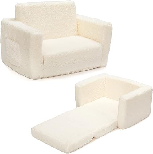 BEJOY Kids Sofa Bed 2-in-1 Flip Out Cuddly Sherpa Toddler Couch Convertible Chair to Lounger Children Sofa Bed Children's Day and Birthday Gift for Girls Boys, White