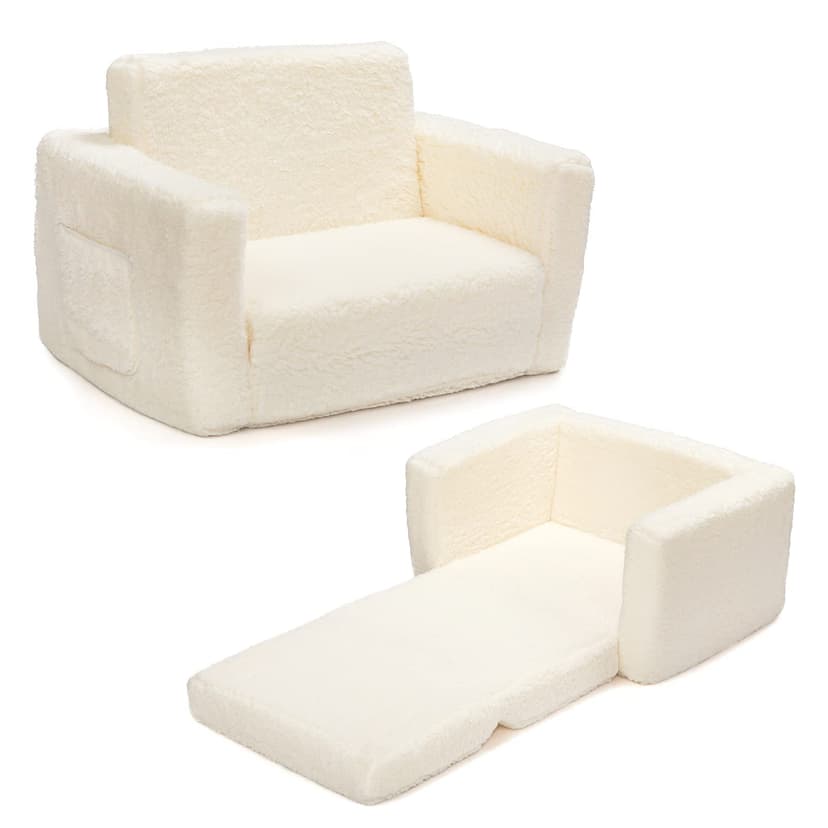 BEJOY Kids Sofa Bed 2-in-1 Flip Out Cuddly Sherpa Toddler Couch Convertible Chair to Lounger Children Sofa Bed Children's Day and Birthday Gift for Girls Boys, White - 1