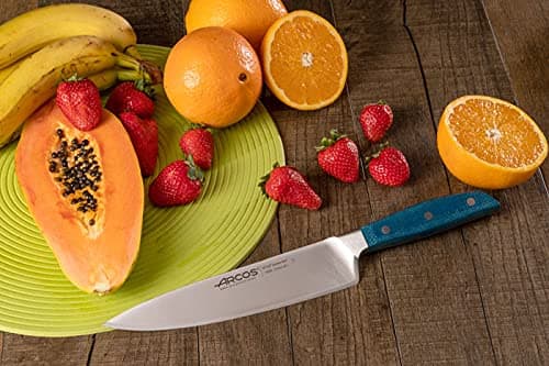 Arcos Couteau de Chef Forgé en Acier Taille 8 Pouces, Manche Micarta Professionnel & Bord en Soie Spécial et lame Argentée de 210 Mm, Impressionnez àChaque Coupe, Série Brooklyn, Couleur Bleue, - 6