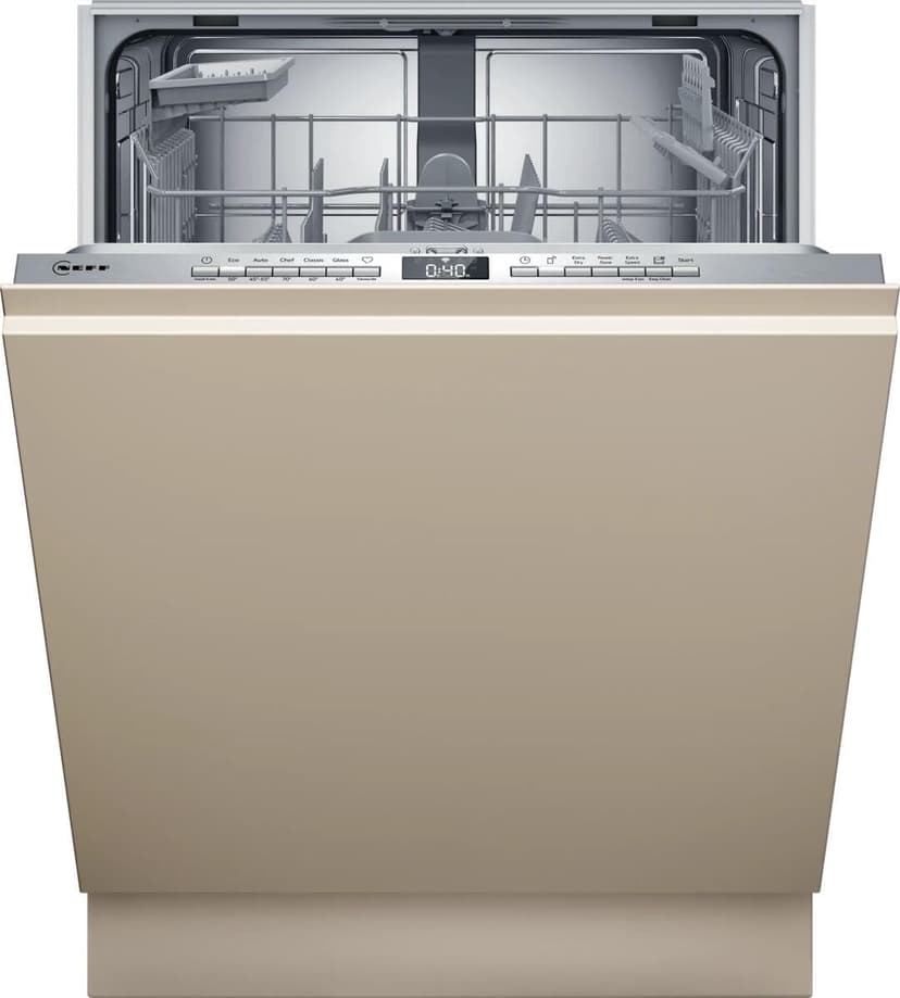 NEFF Lave-vaisselle intelligent, entièrement intégré, 60 cm, avec panier à couverts, nettoyage puissant avec Chef 70 °C, panier supérieur réglable en hauteur, bouton favoris, info Light, Aqua Stop - 1
