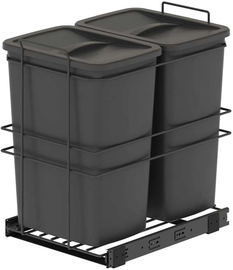 Emuca - Recycle bins for kitchen, 2 x 35 L, lower fixing and manual removal, Anthracite grey plastic - 1