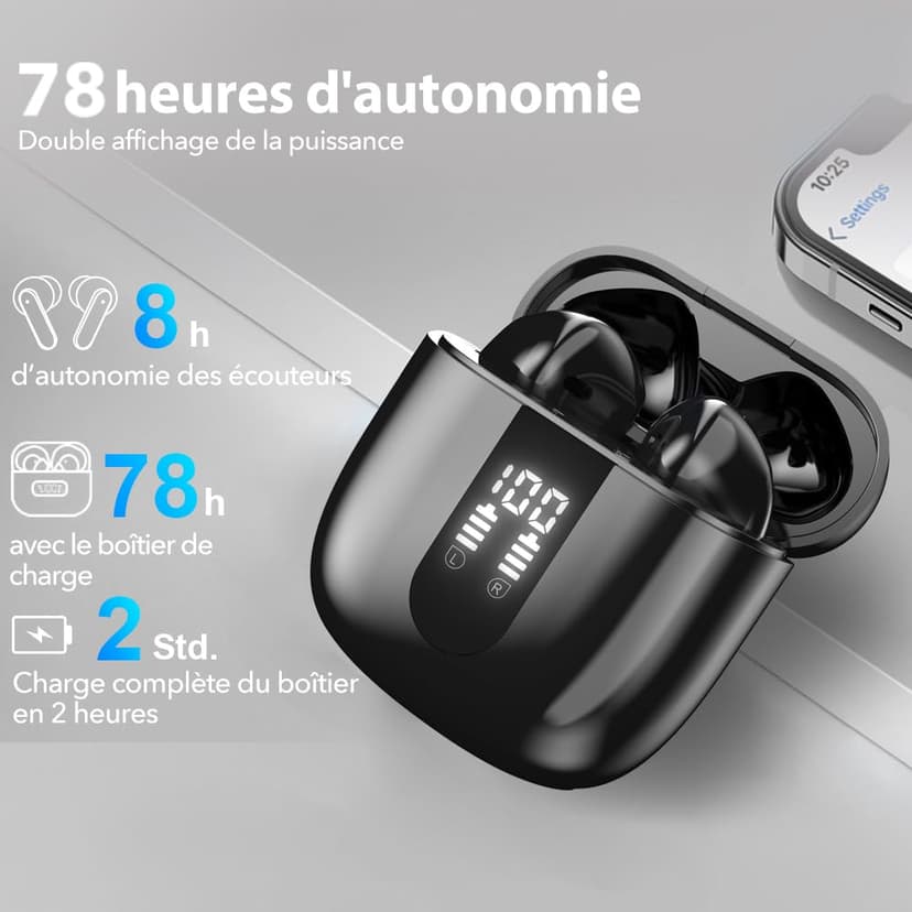 Wireless Earbuds Bluetooth Earphones, 60H Deep Bass Ear Buds with 6 Noise Cancelling Microphone, IP5 Waterproof in Ear Headphones for iPhone Android Sports Gaming (Black) - 3