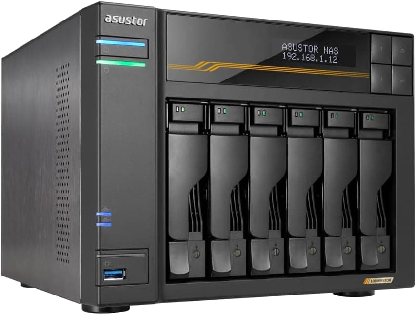 Asustor Lockerstor 6 Gen3 AS6806T 6 Bay NAS, AMD Ryzen Quad-Core 2.3 GHz, 16GB RAM ECC DDR5, 4 M.2 NVMe Slots, Dual 5GbE and Dual 10GbE Port, USB4 Type-C, Network Attached Storage (Diskless)