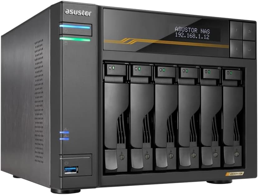 Asustor Lockerstor 6 Gen3 AS6806T 6 Bay NAS, AMD Ryzen Quad-Core 2.3 GHz, 16GB RAM ECC DDR5, 4 M.2 NVMe Slots, Dual 5GbE and Dual 10GbE Port, USB4 Type-C, Network Attached Storage (Diskless) - 1