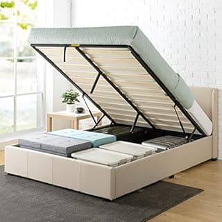 Zinus Maddon Lit Coffre 160x200 cm - Hauteur 31 cm - Système de Levage Hydraulique - Tête & Cadre de Lit Double en Bois tapissier - Beige