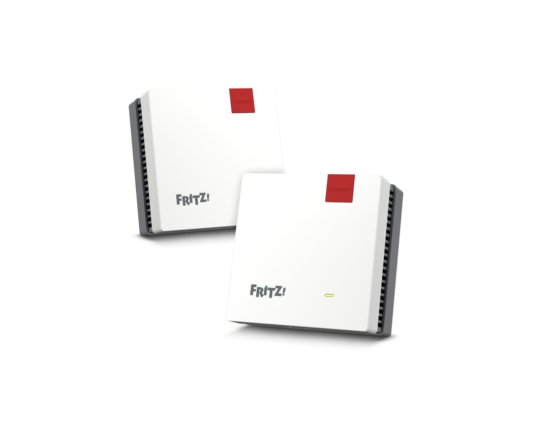 Fritz! Mesh Set 1600 Lot de 2 (2 x Fritz!Repeater, idéal pour routeur Internet ou Modem à Fibre Optique (Ont), Couverture Wi-FI pour 3 à 5 pièces, Wi-FI 6 jusqu'à 3 000 Mbit/s, Version Allemande)